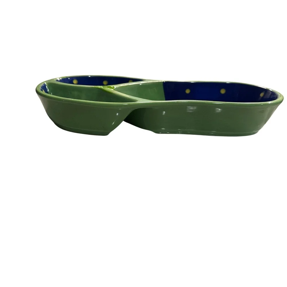 Denniseast Ceramic Flip Flop‎ Divided Serving Dish Blue Yellow Dots Green